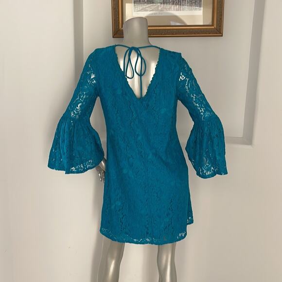 Laundry By Shelli Segal Bell Sleeve Lace A-Line Dress Blue Size 6 - Picture 14 of 14